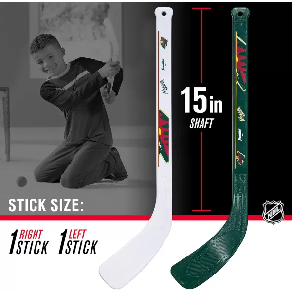 Franklin Sports NHL Mini Hockey Set  Kids Indoor Knee Hockey Goal Ball  2 Mini Hockey Stick Combo Set  Youth NHL Team Indoor Toy Knee Hockey Sets  NHL Official  Ages 3Minnesota Wild