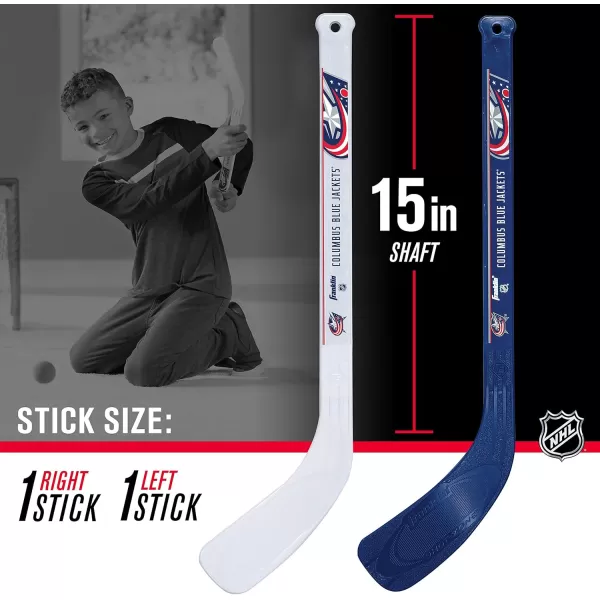 Franklin Sports NHL Mini Hockey Set  Kids Indoor Knee Hockey Goal Ball  2 Mini Hockey Stick Combo Set  Youth NHL Team Indoor Toy Knee Hockey Sets  NHL Official  Ages 3Columbus Blue Jackets