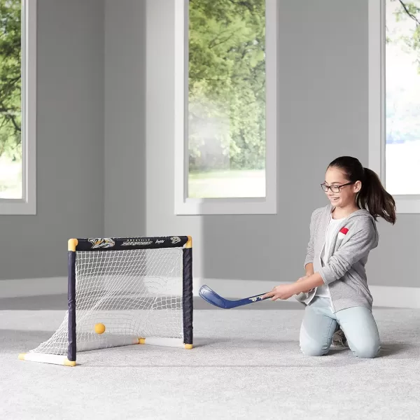 Franklin Sports NHL Mini Hockey Set  Kids Indoor Knee Hockey Goal Ball  2 Mini Hockey Stick Combo Set  Youth NHL Team Indoor Toy Knee Hockey Sets  NHL Official  Ages 3Nashville Predators