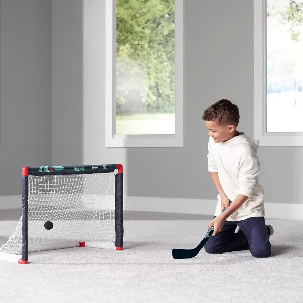 Franklin Sports NHL Mini Hockey Set  Kids Indoor Knee Hockey Goal Ball  2 Mini Hockey Stick Combo Set  Youth NHL Team Indoor Toy Knee Hockey Sets  NHL Official  Ages 3Seattle Kraken