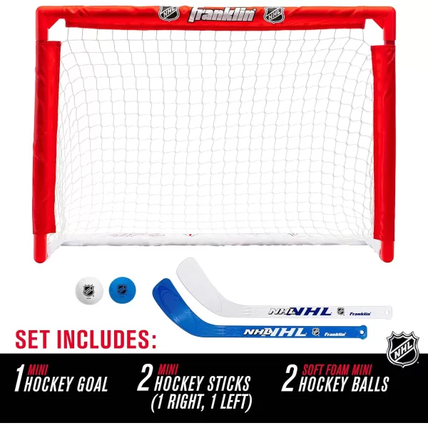 Franklin Sports NHL s Mini Hockey Set  Includes 1 Knee Hockey Goal  2 Mini Hockey Sticks  2 Foam Balls  Indoor Mini Hockey Goal  Sticks Set
