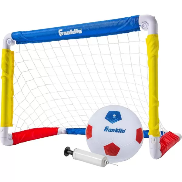 Franklin Sports Kids Mini Soccer Goal Sets  Backyard  Indoor Mini Net and Ball Set with Pump  Portable Folding Youth Soccer Goal Sets for Kids  Toddlers  24quot x 16quotRedBlueYellow