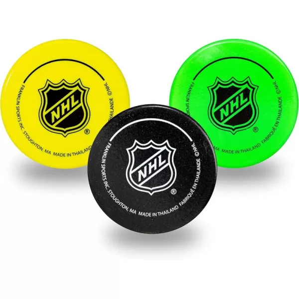 Franklin Sports Mini Foam Hockey Pucks  Indoor Knee Hockey Pucks for Kids  3 Soft Foam Hockey Pucks  Assorted Colors