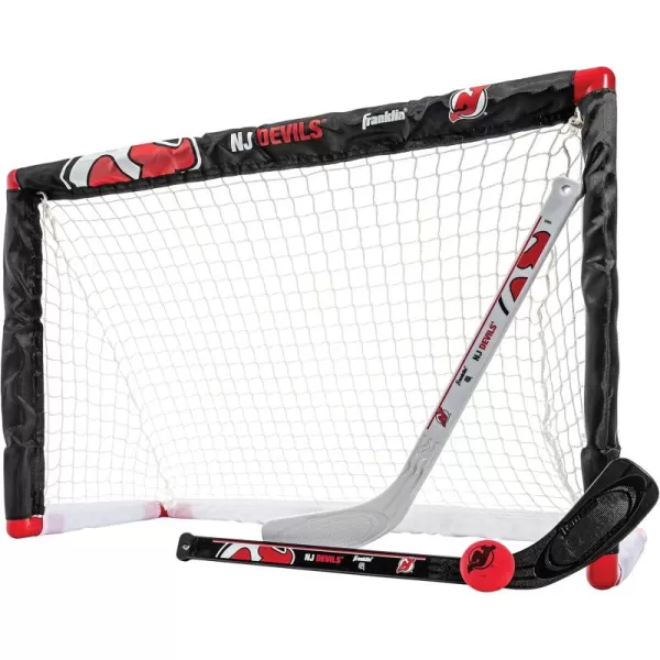 Franklin Sports NHL Mini Hockey Set  Kids Indoor Knee Hockey Goal Ball  2 Mini Hockey Stick Combo Set  Youth NHL Team Indoor Toy Knee Hockey Sets  NHL Official  Ages 3New Jersey Devils
