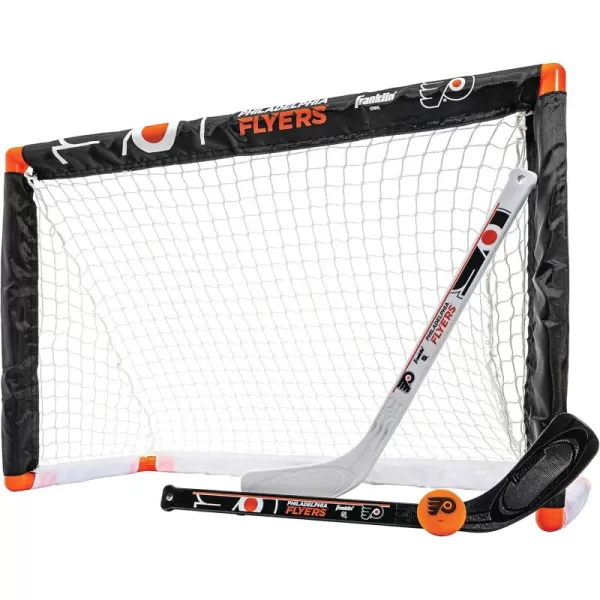 Franklin Sports NHL Mini Hockey Set  Kids Indoor Knee Hockey Goal Ball  2 Mini Hockey Stick Combo Set  Youth NHL Team Indoor Toy Knee Hockey Sets  NHL Official  Ages 3Philadelphia Flyers