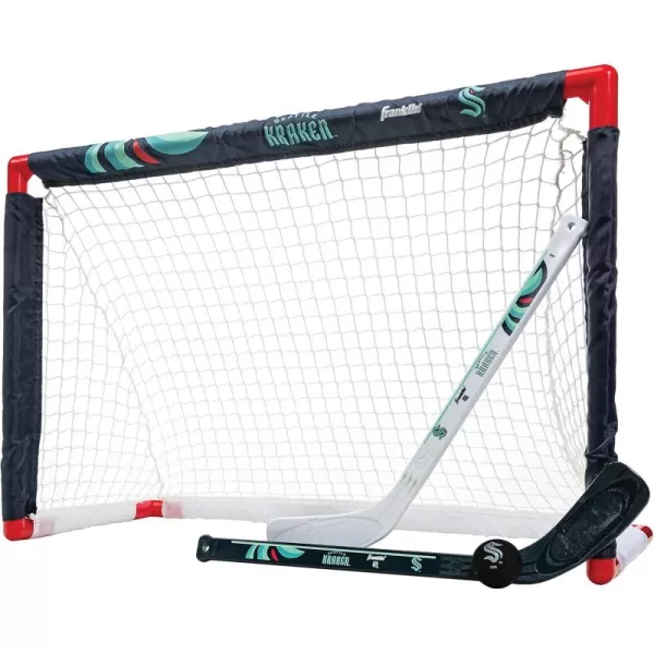 Franklin Sports NHL Mini Hockey Set  Kids Indoor Knee Hockey Goal Ball  2 Mini Hockey Stick Combo Set  Youth NHL Team Indoor Toy Knee Hockey Sets  NHL Official  Ages 3Seattle Kraken