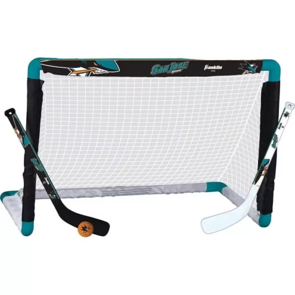Franklin Sports NHL Mini Hockey Set  Kids Indoor Knee Hockey Goal Ball  2 Mini Hockey Stick Combo Set  Youth NHL Team Indoor Toy Knee Hockey Sets  NHL Official  Ages 3San Jose Sharks