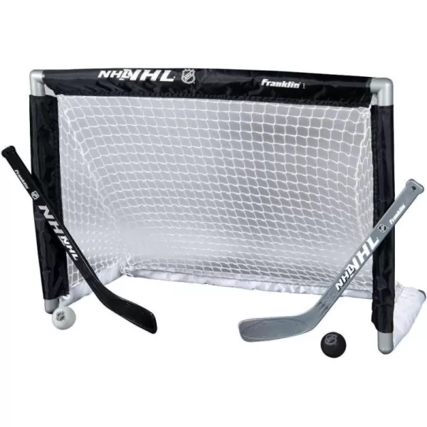 Franklin Sports NHL Youth Mini Hockey Goal  Stick Set  Kids Knee Hockey Goal Sticks  Foam Mini Balls  1 Goal 2 Mini Sticks  2 Balls Included