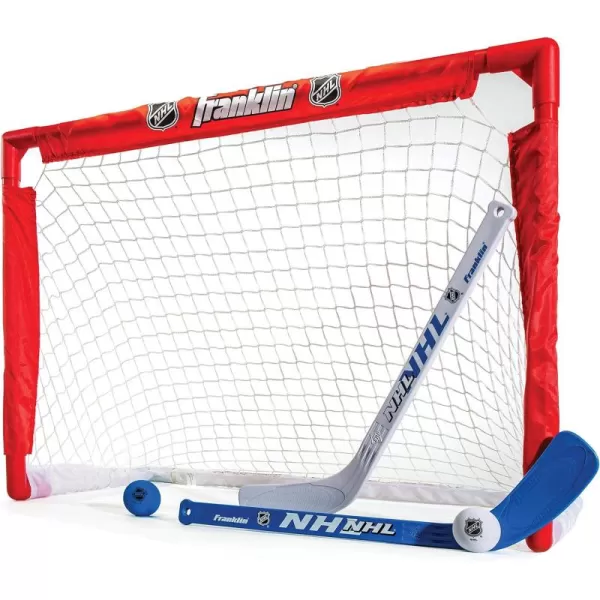 Franklin Sports NHL s Mini Hockey Set  Includes 1 Knee Hockey Goal  2 Mini Hockey Sticks  2 Foam Balls  Indoor Mini Hockey Goal  Sticks Set