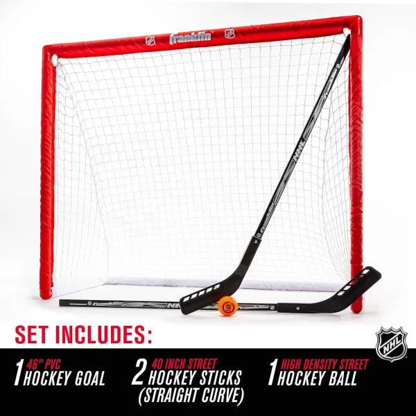 Franklin Sports NHL Youth Street Hockey Set  2 Kids Junior Hockey Sticks PVC Goal  Roller Hockey Ball Included  Indoor  Outdoor Net  46quot Red