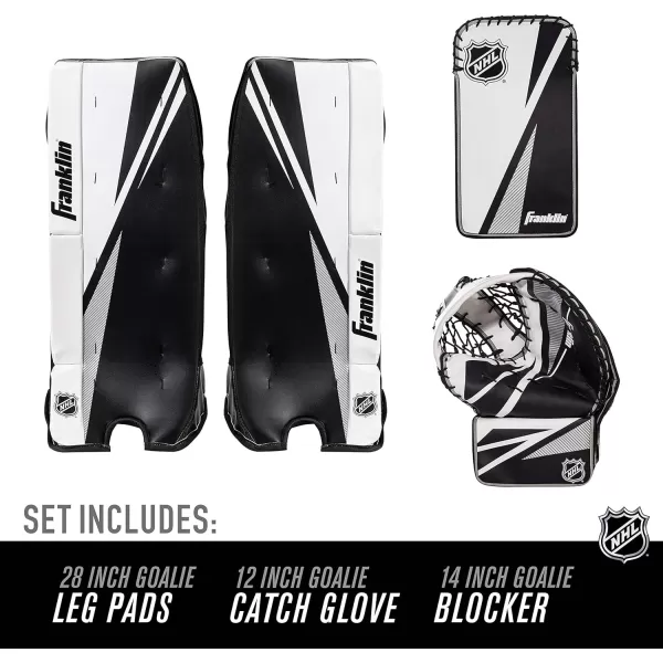 Franklin Sports Street Hockey Goalie Equipment Set  NHL Youth Street Hockey Goalie Pads  Leg Pads Catch Glove and Blocker  Youth Goalie Gear Black 12quot