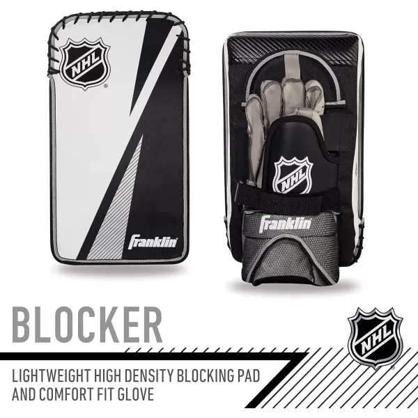 Franklin Sports Street Hockey Goalie Equipment Set  NHL Youth Street Hockey Goalie Pads  Leg Pads Catch Glove and Blocker  Youth Goalie Gear Black 12quot