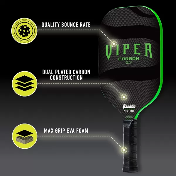 Franklin Sports Pickleball Paddle  Viper Carbon Fiber Core Pickleball Paddle  USA Pickleball USAPA Approved Paddle  13mm Carbon Fiber CoreGreen