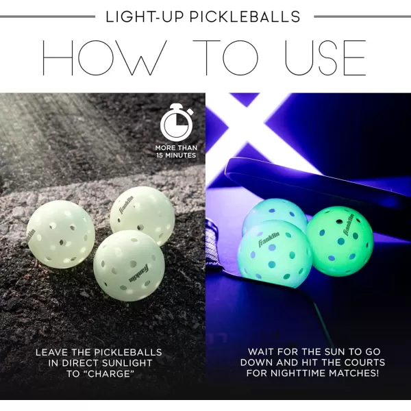 Franklin Sports Glow in The Dark Outdoor Pickleballs  Light Up Pickleball Balls for Nighttime Pickleball  Glow in The Dark Green Pickleball Balls  Charge in Indoor Light  SunlightGlow in the dark