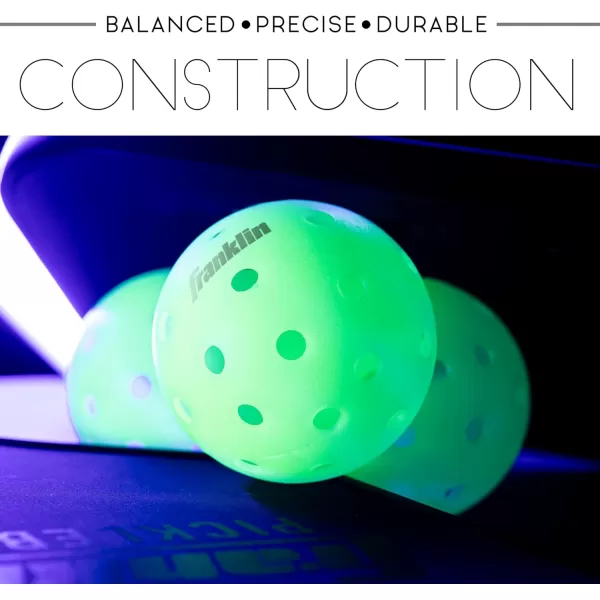 Franklin Sports Glow in The Dark Outdoor Pickleballs  Light Up Pickleball Balls for Nighttime Pickleball  Glow in The Dark Green Pickleball Balls  Charge in Indoor Light  SunlightGlow in the dark