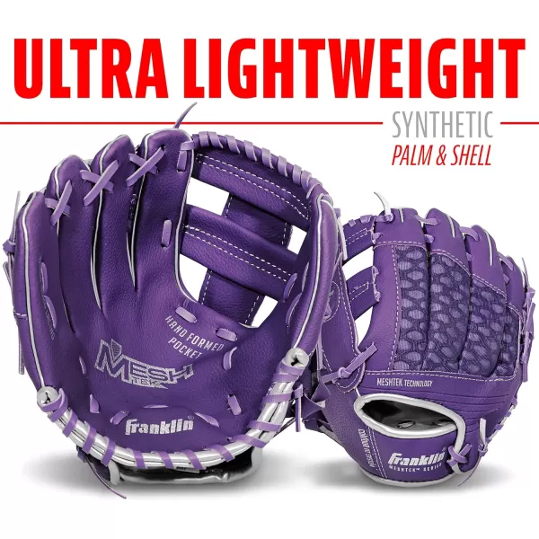 Franklin Sports Kids Baseball Glove  Ball Sets  Meshtek Youth Teeball Gloves for Kids  Toddlers  Left  Right Hand Throw Mitts  Glove Sets with Foam Balls  Boys  Girls Gloves  95quot InchPurpleChrome