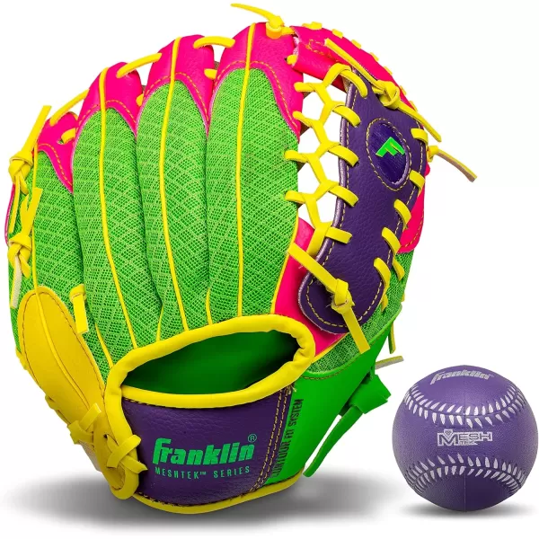 Franklin Sports Kids Baseball Glove  Ball Sets  Meshtek Youth Teeball Gloves for Kids  Toddlers  Left  Right Hand Throw Mitts  Glove Sets with Foam Balls  Boys  Girls Gloves  95quot InchPurplePinkYellow