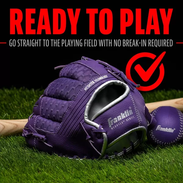 Franklin Sports Kids Baseball Glove  Ball Sets  Meshtek Youth Teeball Gloves for Kids  Toddlers  Left  Right Hand Throw Mitts  Glove Sets with Foam Balls  Boys  Girls Gloves  95quot InchPurpleChrome