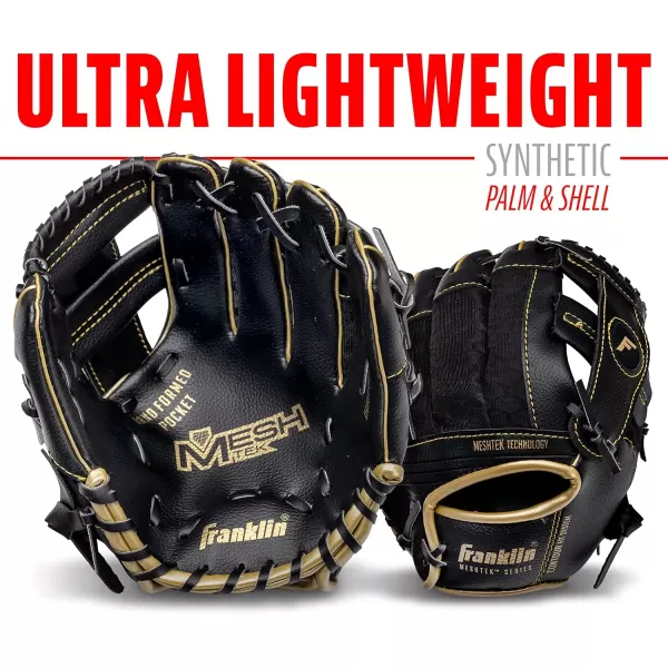Franklin Sports Kids Baseball Glove  Ball Sets  Meshtek Youth Teeball Gloves for Kids  Toddlers  Left  Right Hand Throw Mitts  Glove Sets with Foam Balls  Boys  Girls Gloves  95quot InchBlackGold