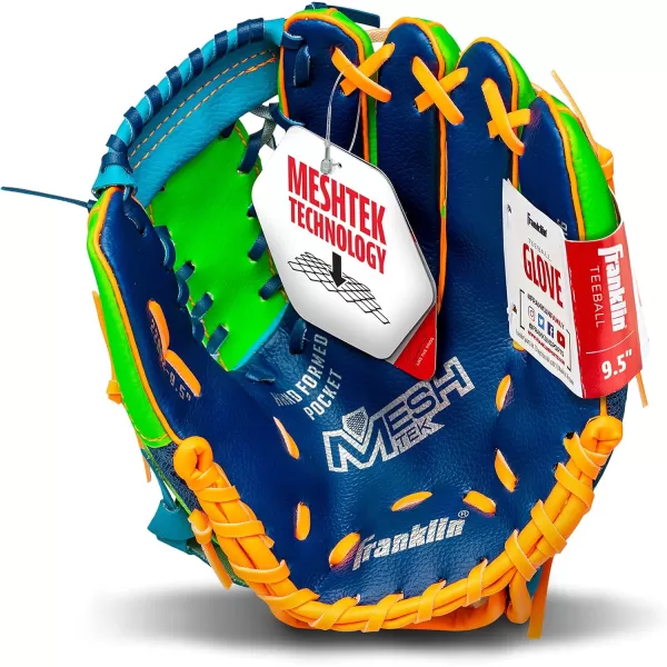 Franklin Sports Kids Baseball Glove  Ball Sets  Meshtek Youth Teeball Gloves for Kids  Toddlers  Left  Right Hand Throw Mitts  Glove Sets with Foam Balls  Boys  Girls Gloves  95quot InchNavyLimeOrange