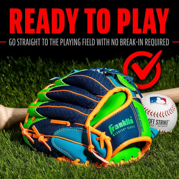 Franklin Sports Kids Baseball Glove  Ball Sets  Meshtek Youth Teeball Gloves for Kids  Toddlers  Left  Right Hand Throw Mitts  Glove Sets with Foam Balls  Boys  Girls Gloves  95quot InchNavyLimeOrange