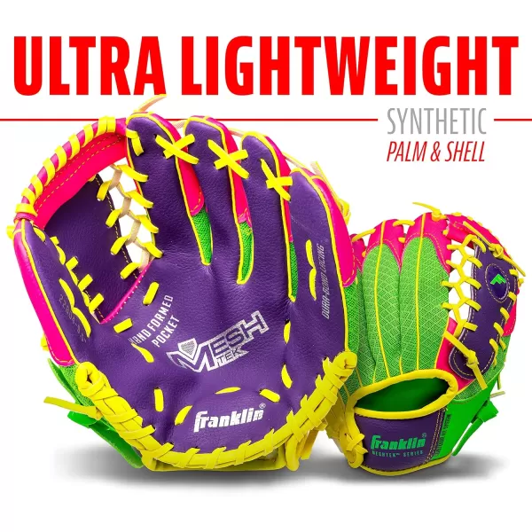 Franklin Sports Kids Baseball Glove  Ball Sets  Meshtek Youth Teeball Gloves for Kids  Toddlers  Left  Right Hand Throw Mitts  Glove Sets with Foam Balls  Boys  Girls Gloves  95quot InchPurplePinkYellow
