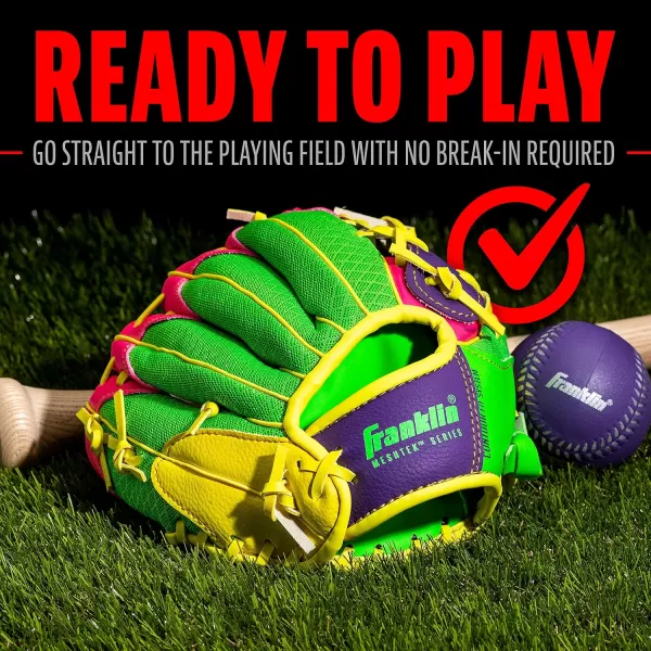 Franklin Sports Kids Baseball Glove  Ball Sets  Meshtek Youth Teeball Gloves for Kids  Toddlers  Left  Right Hand Throw Mitts  Glove Sets with Foam Balls  Boys  Girls Gloves  95quot InchPurplePinkYellow