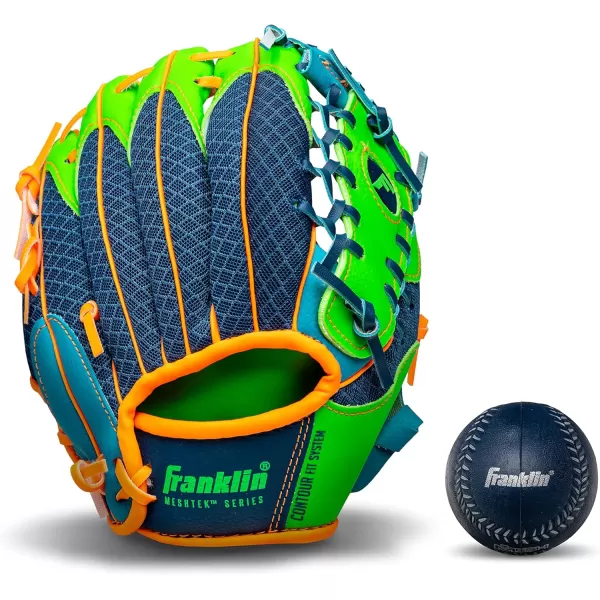 Franklin Sports Kids Baseball Glove  Ball Sets  Meshtek Youth Teeball Gloves for Kids  Toddlers  Left  Right Hand Throw Mitts  Glove Sets with Foam Balls  Boys  Girls Gloves  95quot InchNavyLimeOrange