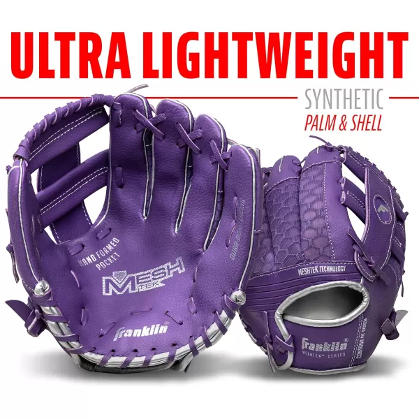 Franklin Sports Kids Baseball Glove  Ball Sets  Meshtek Youth Teeball Gloves for Kids  Toddlers  Left  Right Hand Throw Mitts  Glove Sets with Foam Balls  Boys  Girls Gloves  95quot InchPurpleChrome