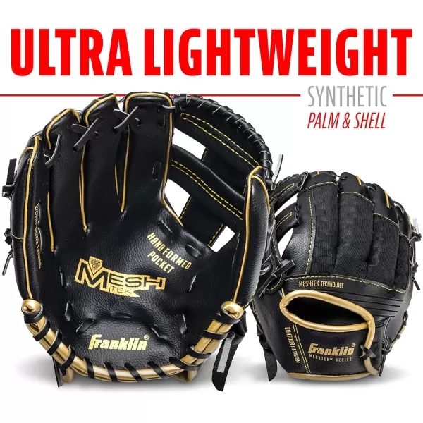 Franklin Sports Kids Baseball Glove  Ball Sets  Meshtek Youth Teeball Gloves for Kids  Toddlers  Left  Right Hand Throw Mitts  Glove Sets with Foam Balls  Boys  Girls Gloves  95quot InchBlackGold