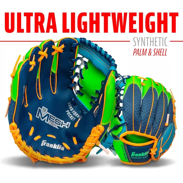 Franklin Sports Kids Baseball Glove  Ball Sets  Meshtek Youth Teeball Gloves for Kids  Toddlers  Left  Right Hand Throw Mitts  Glove Sets with Foam Balls  Boys  Girls Gloves  95quot InchNavyLimeOrange
