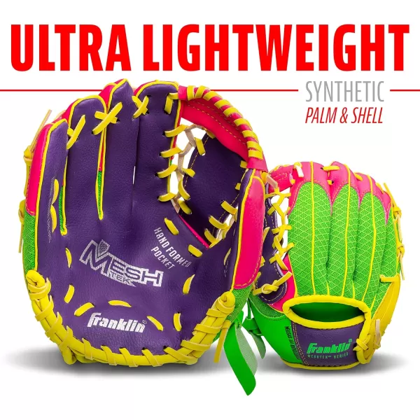 Franklin Sports Kids Baseball Glove  Ball Sets  Meshtek Youth Teeball Gloves for Kids  Toddlers  Left  Right Hand Throw Mitts  Glove Sets with Foam Balls  Boys  Girls Gloves  95quot InchPurplePinkYellow