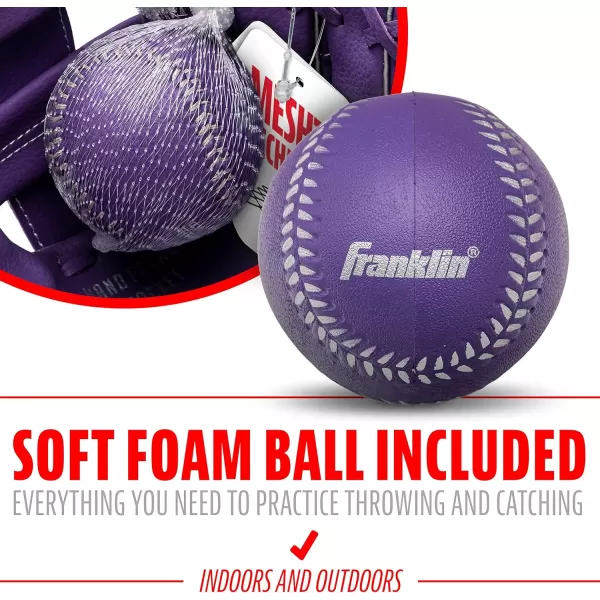 Franklin Sports Kids Baseball Glove  Ball Sets  Meshtek Youth Teeball Gloves for Kids  Toddlers  Left  Right Hand Throw Mitts  Glove Sets with Foam Balls  Boys  Girls Gloves  95quot InchPurpleChrome