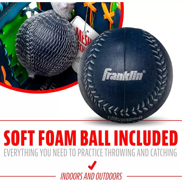 Franklin Sports Kids Baseball Glove  Ball Sets  Meshtek Youth Teeball Gloves for Kids  Toddlers  Left  Right Hand Throw Mitts  Glove Sets with Foam Balls  Boys  Girls Gloves  95quot InchNavyLimeOrange
