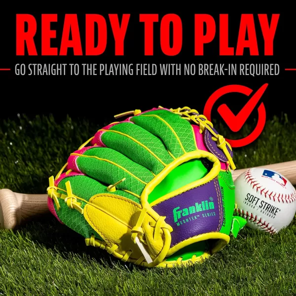 Franklin Sports Kids Baseball Glove  Ball Sets  Meshtek Youth Teeball Gloves for Kids  Toddlers  Left  Right Hand Throw Mitts  Glove Sets with Foam Balls  Boys  Girls Gloves  95quot InchPurplePinkYellow