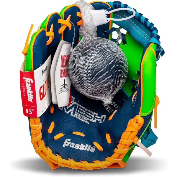 Franklin Sports Kids Baseball Glove  Ball Sets  Meshtek Youth Teeball Gloves for Kids  Toddlers  Left  Right Hand Throw Mitts  Glove Sets with Foam Balls  Boys  Girls Gloves  95quot InchNavyLimeOrange