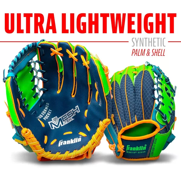 Franklin Sports Kids Baseball Glove  Ball Sets  Meshtek Youth Teeball Gloves for Kids  Toddlers  Left  Right Hand Throw Mitts  Glove Sets with Foam Balls  Boys  Girls Gloves  95quot InchNavyLimeOrange