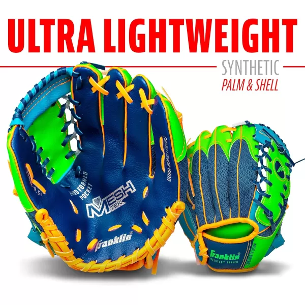 Franklin Sports Kids Baseball Glove  Ball Sets  Meshtek Youth Teeball Gloves for Kids  Toddlers  Left  Right Hand Throw Mitts  Glove Sets with Foam Balls  Boys  Girls Gloves  95quot InchNavyLimeOrange