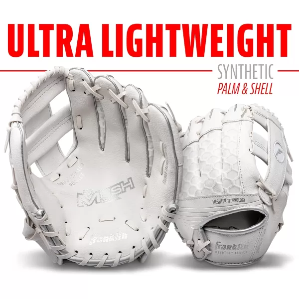 Franklin Sports Kids Baseball Glove  Ball Sets  Meshtek Youth Teeball Gloves for Kids  Toddlers  Left  Right Hand Throw Mitts  Glove Sets with Foam Balls  Boys  Girls Gloves  95quot InchWhite