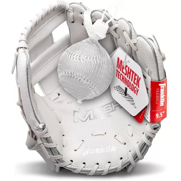 Franklin Sports Kids Baseball Glove  Ball Sets  Meshtek Youth Teeball Gloves for Kids  Toddlers  Left  Right Hand Throw Mitts  Glove Sets with Foam Balls  Boys  Girls Gloves  95quot InchWhite