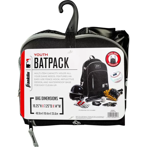 Franklin Sports Kids MLB Baseball Batpack Bag  Youth Baseball Softball  Teeball Backpack  Sports Equipment Bag for Kids  Toddlers  Holds 2 Teeball  Baseball Bats  Includes Fence HookBlackGray