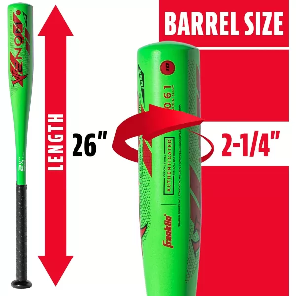 Franklin Sports Kids Teeball Bats  Venom  Barracuda Aluminum  Composite Teeball Bats  USA Baseball Certified Boys  Girls Bats for Kids  Youth Metal Bats  Drop 10 to 13 Teeball BatsGreen 214 Barrel