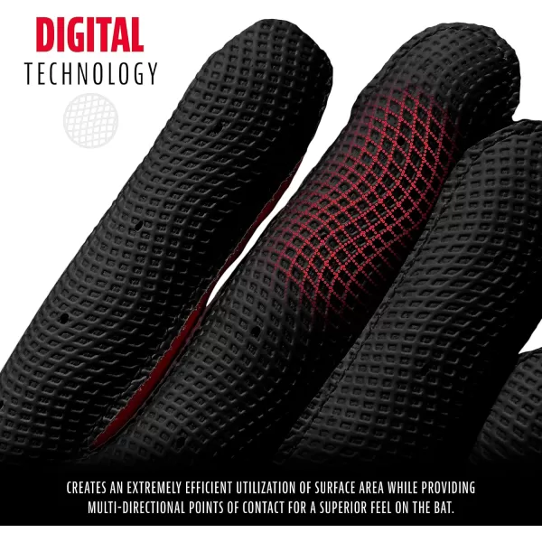 Franklin Sports MLB Digitek Batting Gloves  Adult and Youth Batting Glove  TriCurve Technology Fit  Genuine Leather Heel Patch  Etched Microfiber  Batting Gloves for Kids and AdultsGrayRed