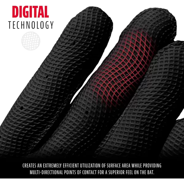 Franklin Sports MLB Digitek Batting Gloves  Adult and Youth Batting Glove  TriCurve Technology Fit  Genuine Leather Heel Patch  Etched Microfiber  Batting Gloves for Kids and AdultsBlackBlack