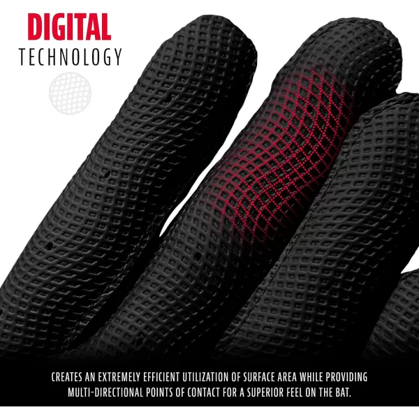 Franklin Sports MLB Digitek Batting Gloves  Adult and Youth Batting Glove  TriCurve Technology Fit  Genuine Leather Heel Patch  Etched Microfiber  Batting Gloves for Kids and AdultsBlackBlack