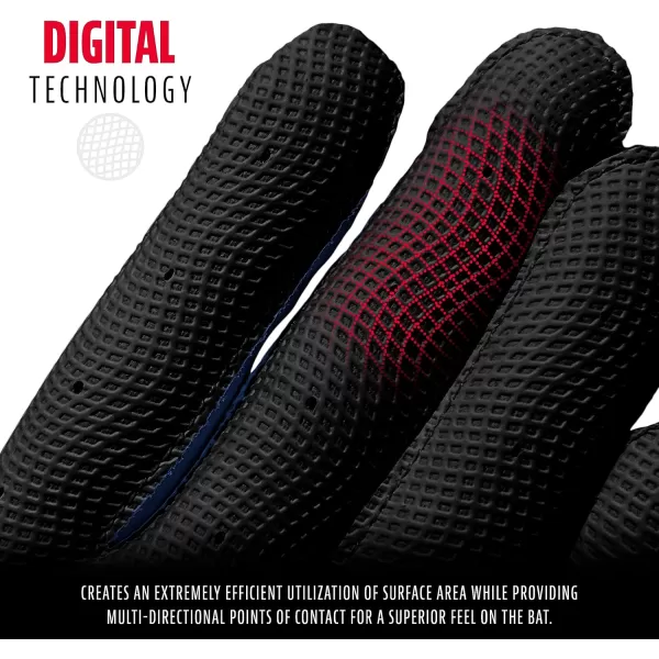 Franklin Sports MLB Digitek Batting Gloves  Adult and Youth Batting Glove  TriCurve Technology Fit  Genuine Leather Heel Patch  Etched Microfiber  Batting Gloves for Kids and AdultsGrayBlackRoyal