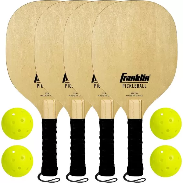 Franklin Sports Wooden Pickleball Paddle and X40 Pickleball Set  Includes 4 Wooden Paddles and 4 pickleballs  USA Pickleball Approved X40 Balls
