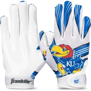 imageFranklin Sports Youth NCAA Football Receiver Gloves  Receiver Gloves for Kids  NCAA Team Logos and Silicone Palm  Youth Pair  Great for Games ampamp CostumesKansas Jayhawks