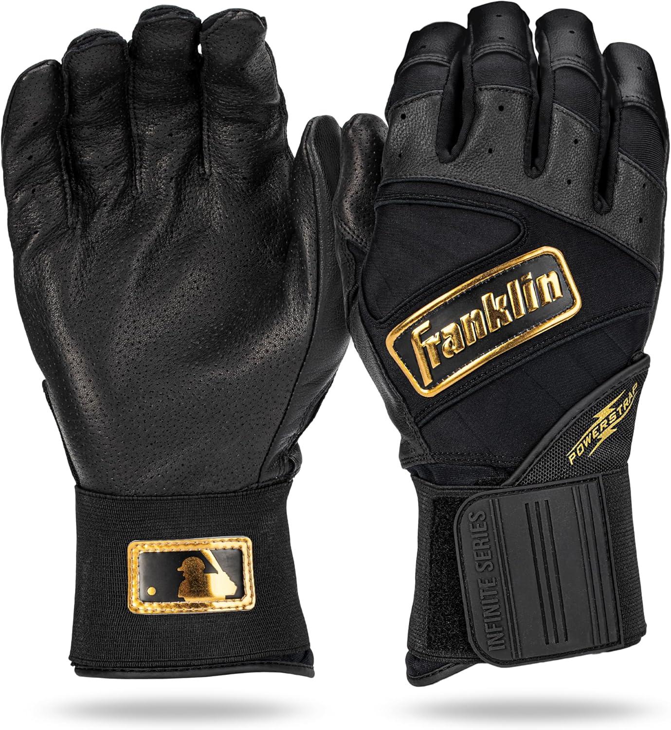 imageFranklin Sports MLB Batting Gloves  Infinite Powerstrap Baseball  Softball Long Cuff Batting Gloves  Adult  YouthBlackGold