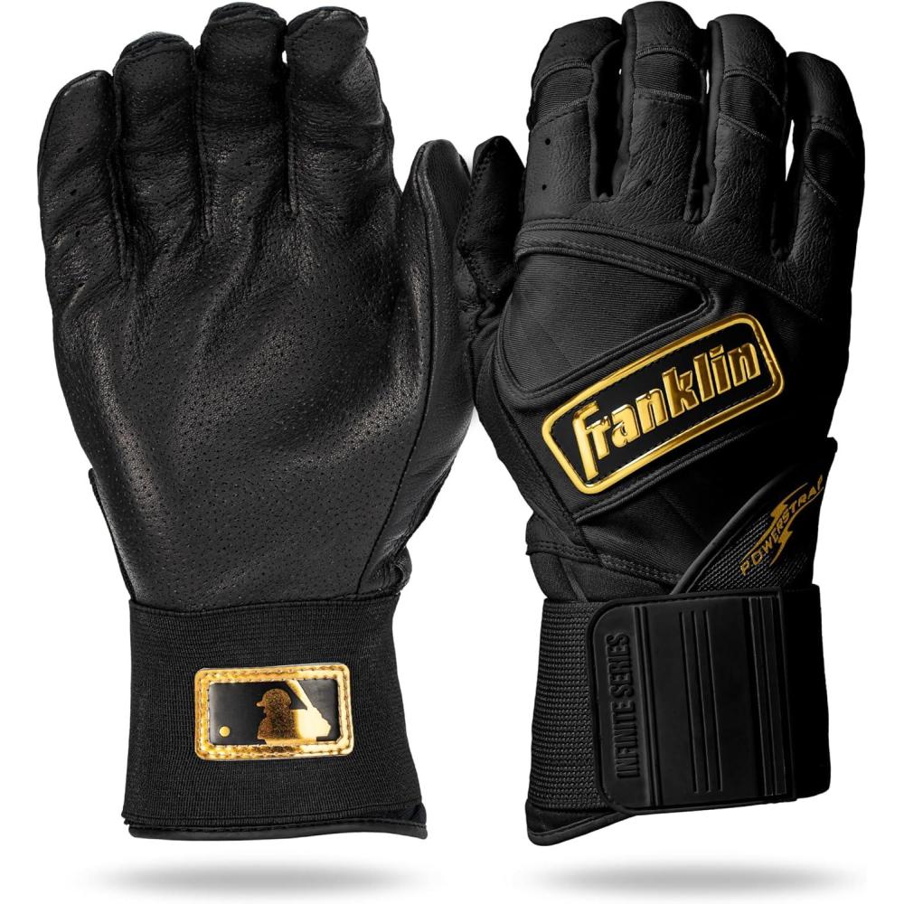 imageFranklin Sports MLB Batting Gloves  Infinite Powerstrap Baseball  Softball Long Cuff Batting Gloves  Adult  YouthBlackGold